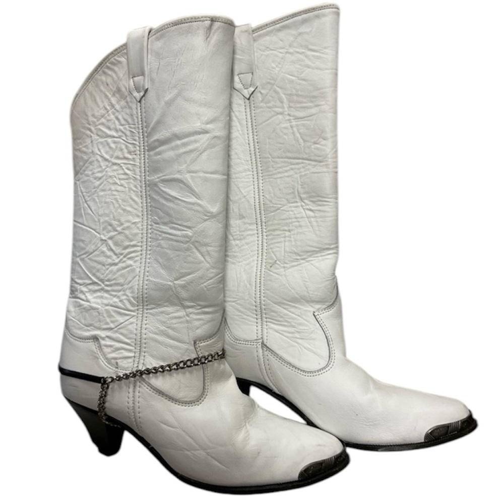 Rodeo Drive White Leather Western Chain Heeled Boots Size 8M